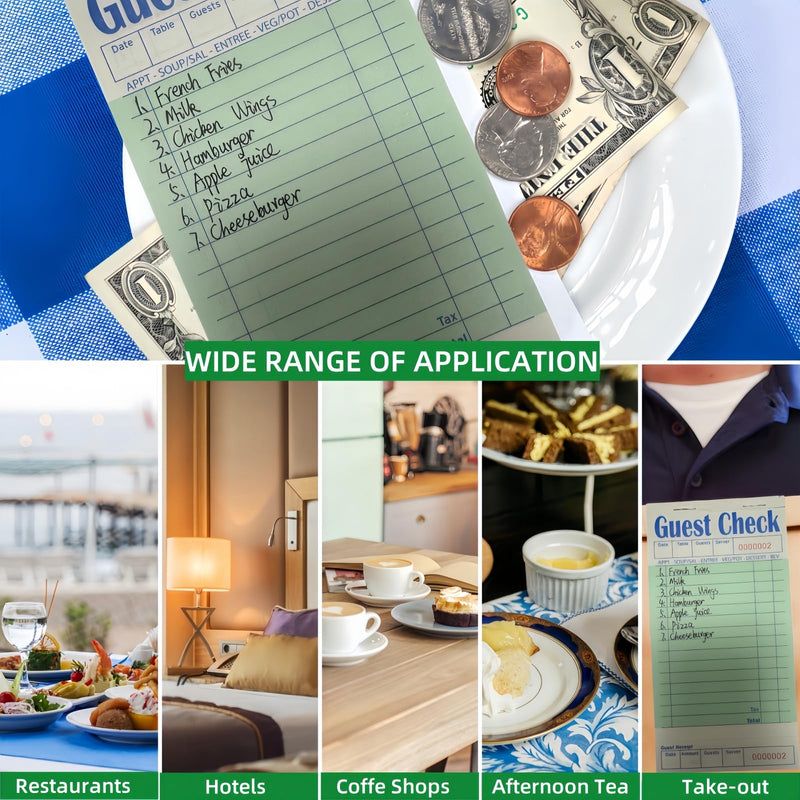 Guest Check Books 6 Pack, Guest Checks for Servers, Server Note Pads, Waitress Accessories Writing Pad, Thick Server Paper with Guest Receipts, Restaurant Supplies Order Pad Total 300 Sheets 6 Pack/300 Sheets Green