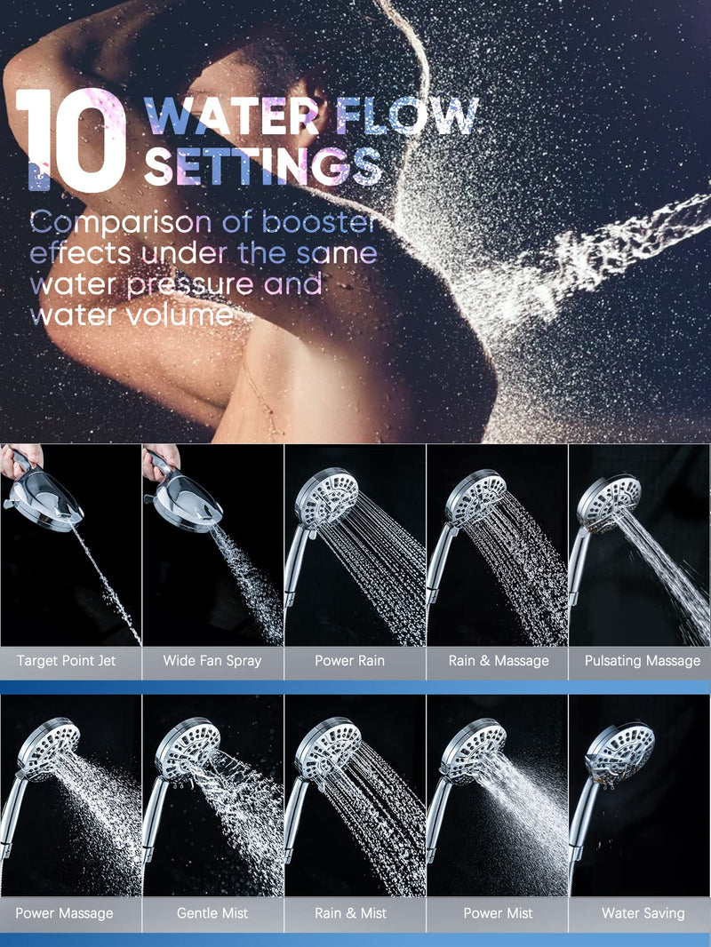 Pavezo® High Pressure Shower Head Handheld 5" Large, Extra Long 60" SS Hose 10-mode Portable Detachable Shower Head with Hard Water Filter for Bathroom, Anti-clog & Powerful to Clean Tile & Pets Chrome