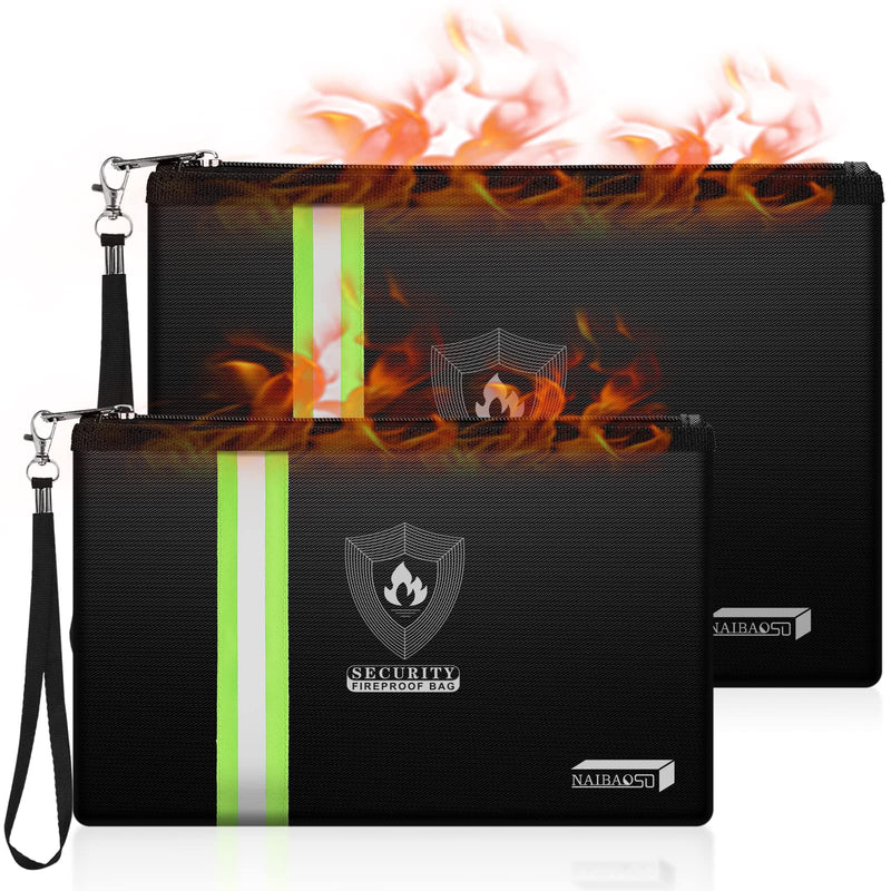 Fireproof Document Bag (13.3”x 9.4”) with Reflective Strip, NAIBAOSD Fireproof Money Bag(10.8”x 6.8”) with Metal Zipper & Strap Fireproof Bag for Documents, Cash,Passport, Valuables BLACK