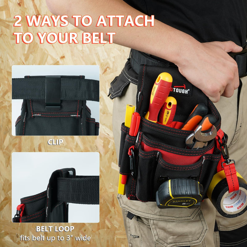 MELOTOUGH Electrician's Small Tool Pouch for Tool Belt Tool Pouch Tool Holster with Multiple Pockets, Construction Pouch Tool Organizer for Tools Red