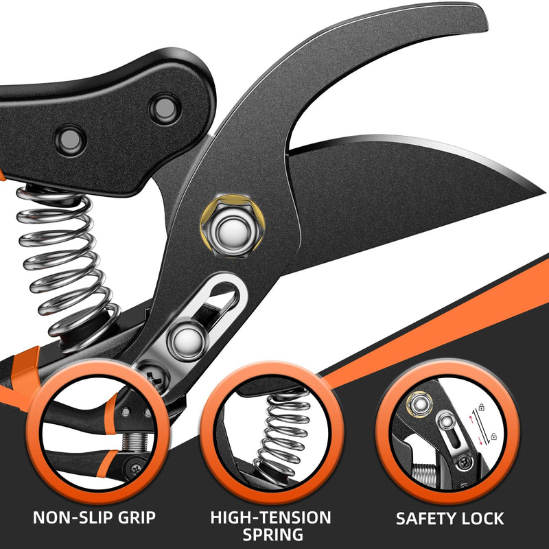 Pruning Shears for Gardening - DECERK 8.5" Professional Bypass Garden Scissors & Clippers for Branch Trimming, Super Sharp SK5 Blade, Ergonomic Handle, Gardening Gift Women Men - 2025 Heavy Duty Tools Black Orange