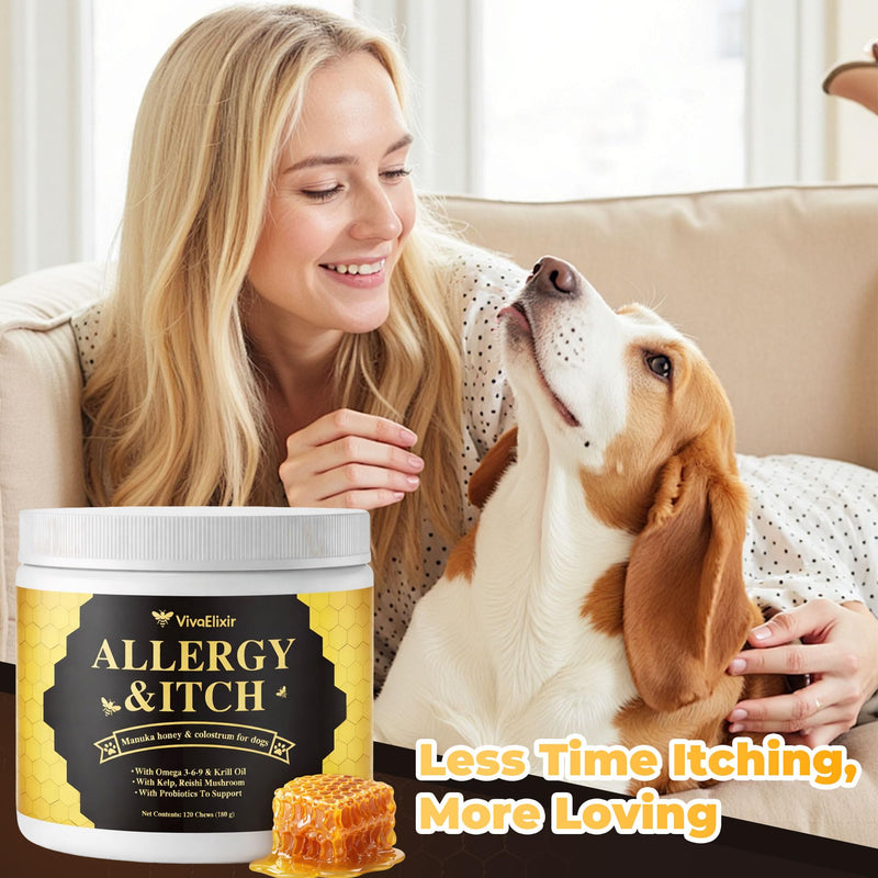 Manuka Honey for Dogs - Allergy Relief & Anti Itch Skin - Comfort and Coat Health - Manuka Honey, Krill Oil, Colostrum, Quercetin, Probiotics, Kelp Powder - 120 Soft Chews