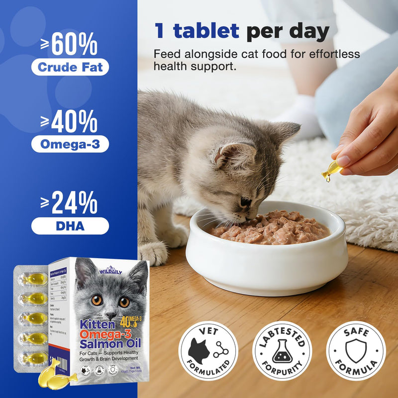 High DHA Omega 3 Fish Oil for Cats(60 Ct), Wild Salmon Oil, Brain, Vision & Immune Support, Easy-to-Twist-Off Softgel, Salmon Flavor for Healthy Skin & Coat