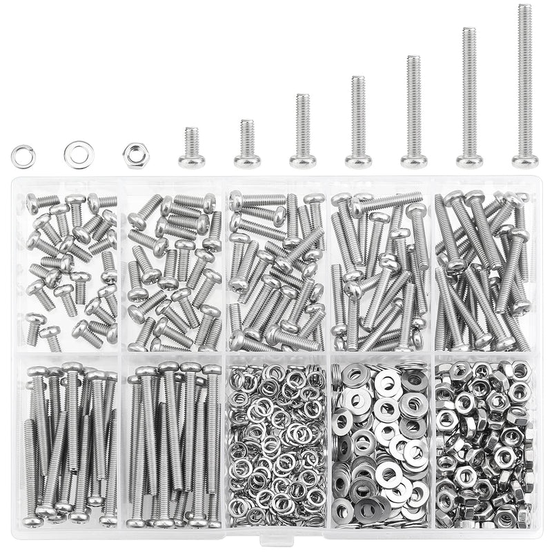540 Pieces M3 x 6mm /8mm /12mm /16mm /20mm /25mm /30mm, Phillips Pan Head Machine Screws, Metric Screws Bolts Washers Nuts Kit, 304 Stainless Steel