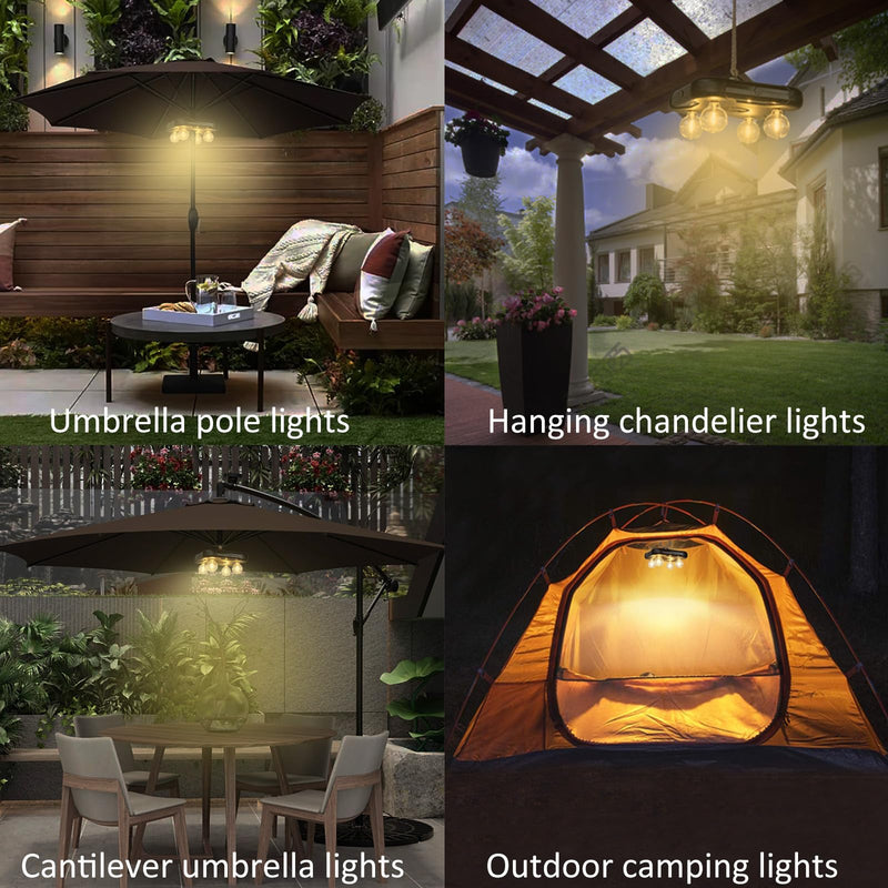 Umbrella Lights Outdoor Patio, Battery Operated Patio LED Umbrella Light with G40 Bulbs, 3 Brightness Cordless Umbrella Pole Lights for Backyard Umbrellas Camping Tents BBQ or Indoor Use 4 Bulbs Umbrella Lights Battery Operated
