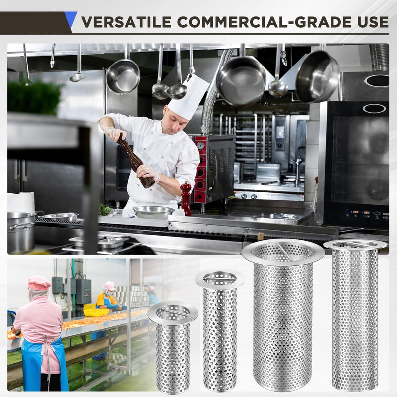 1 Pcs Commercial Floor Drain Strainer Perforated Cylindrical Mesh 316 Stainless Steel Drain Basket with Carry Handle –heavy-duty, for Restaurants, Kitchens, Factory (3" Diameter X 8" Tall) 1 3" Diameter X 8" Tall