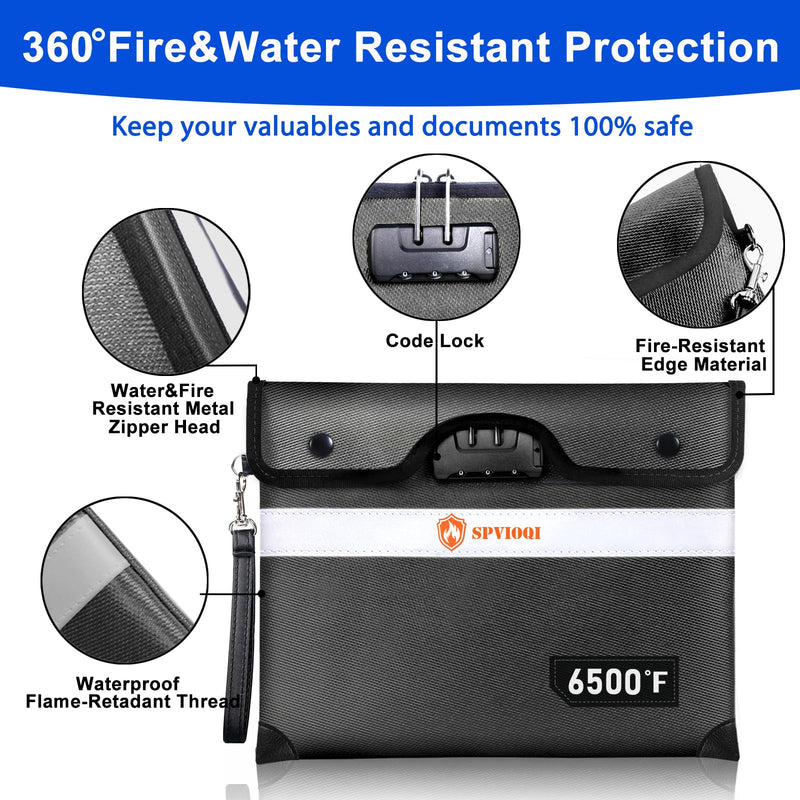 6500°F Upgraded Fireproof Document Bag with Lock, Fire proof Money Bag for Cash w. Zipper/Reflective Strip, 10 Layers of Heat Insulated Materials, Water Resistant Fireproof Bag for Documents, Fire Bag Black Large