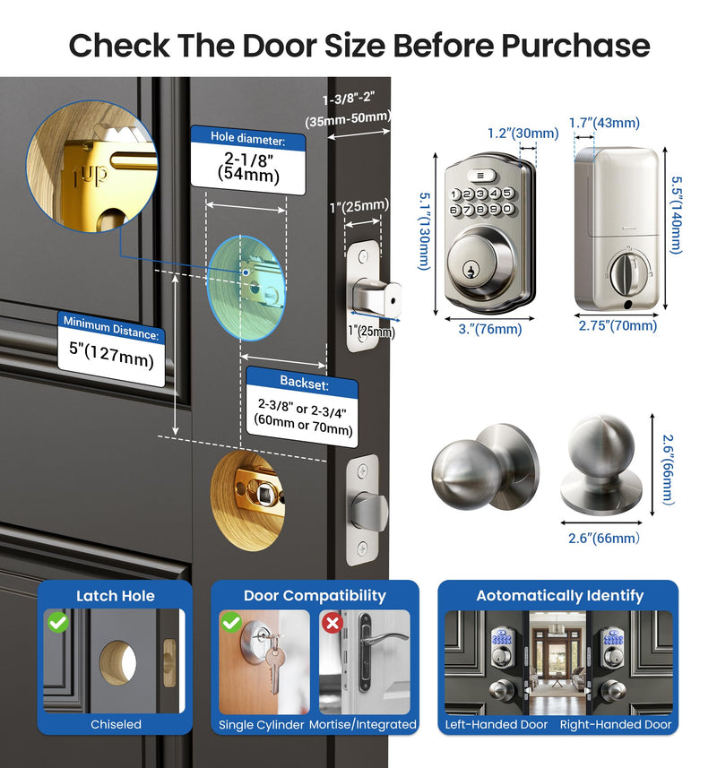 Veise Keyless Entry Door Lock with 2 Knobs, Electronic Backlit Keypad Deadbolt with Handle Set, Auto Lock, One-time Codes, Smart Deadbolt for Front Door, Easy Installation, Satin Nickel Knob