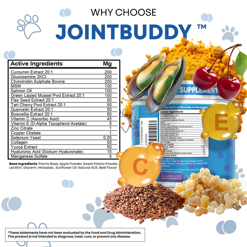 JointBuddy Glucosamine Chondroitin Joint Supplement for Dogs Salmon Oil MSM Tart Cherry Omega 3 6 9 Fish Oil Hyaluronic Acid Supplements & Collagen for Dogs 60 Chews Beef Flavor by Clean Nutra Pets
