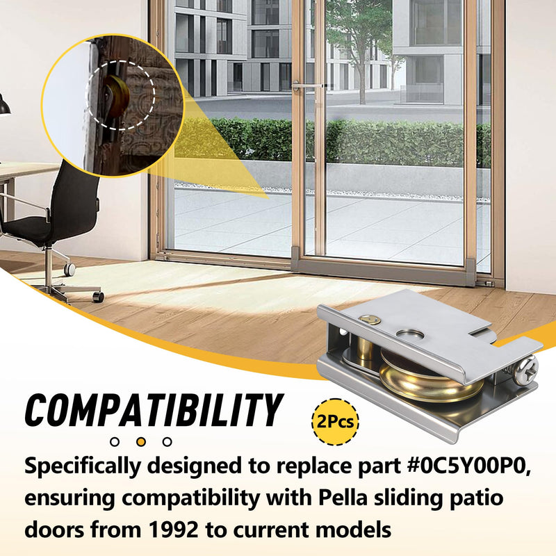 0C5Y00P0 Sliding Patio Door Rollers (2-Pack) | Compatible with P-Ella/Pella Doors | 1-1/2" Steel Ball Bearing, Adjustable Height Replacement