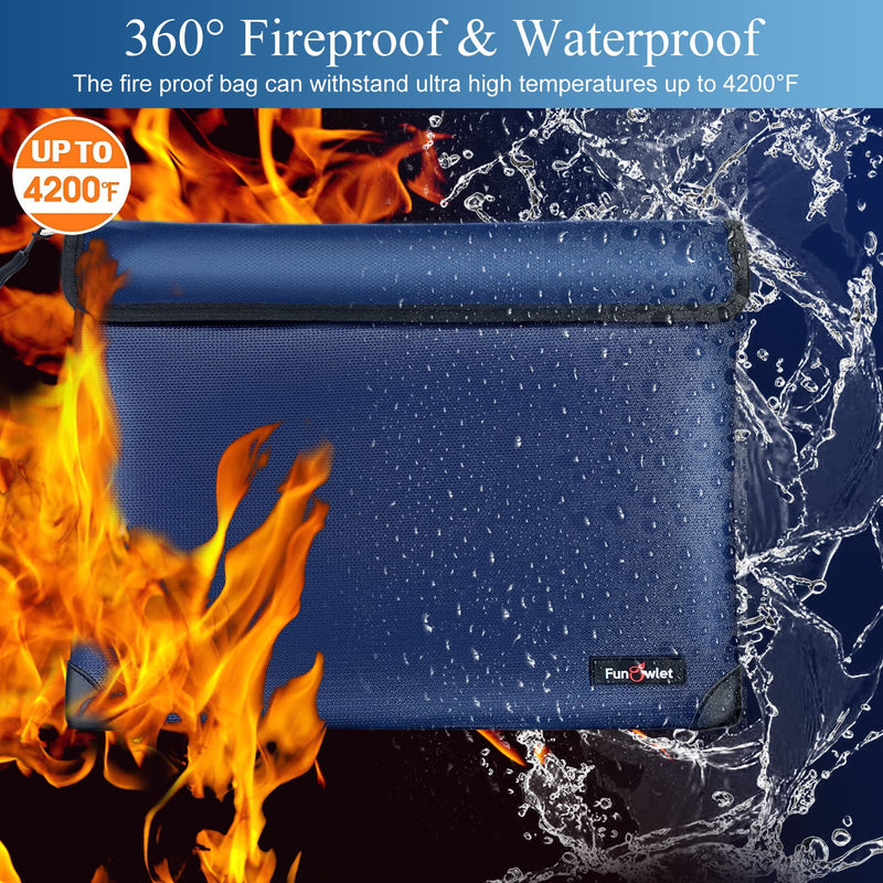 Fireproof Waterproof Money Document Bag - with 4200°F Heat Insulated, Safe Storage Pouch with Zipper, Upgraded 8 Layers of Functional Materials for Valuables (13.9"x10.6", Blue) 13.9"x10.6"
