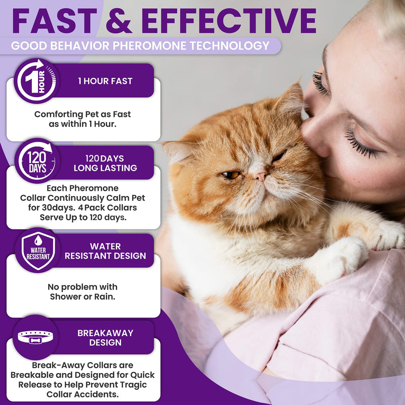 Pheromone Calming Collar for Cats: Breakaway Cat Calming Collar for Anxiety, Separation Stress, Multicat Aggression, Spraying, Meowing - for Indoor Use, Moving & Travel, 4 Pack (Purple) Purple