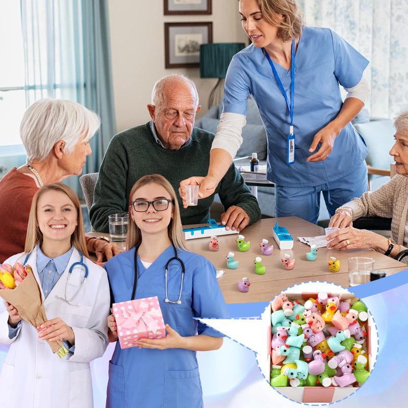 100 Pcs Nurses Week Gifts Bulk Mini Resin Duck Tiny Ducks Statues with Nurse Hat Stethoscope Miniature Figurine Resin Animals Nurses Day Gifts Multicolor