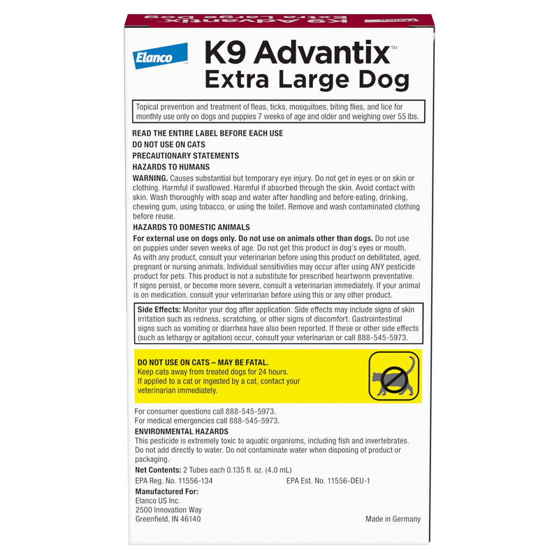 K9 Advantix Flea, Tick & Mosquito Prevention for Dogs Over 55 lbs. | Flea Drops for Extra Large Dogs | Apply Monthly | 4 Treatments (Pack of 2) 4 Dose (Pack of 2)