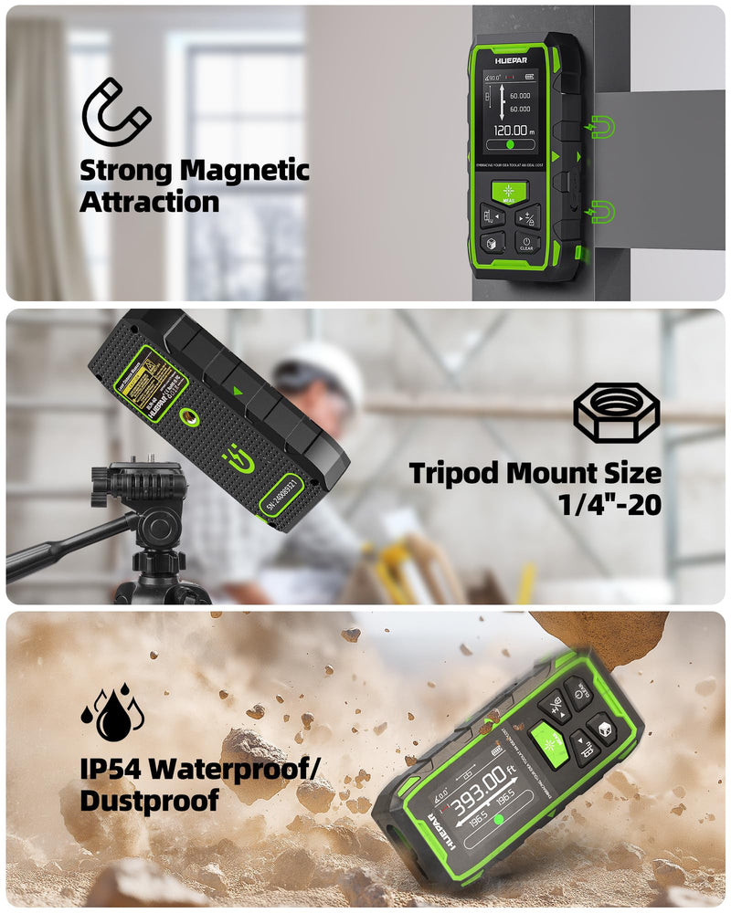 Huepar Professional Dual Laser Measuring Tool 393ft, Rechargeable Bilateral Laser Measurement Tool Backlit LCD, Digital Laser Distance Measure 6 Units, Multi Mode Length/Area/Volume/Angle Sensor