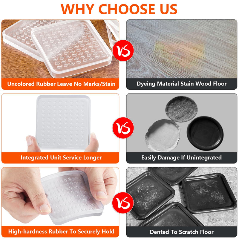 8 Pcs Clear Furniture Coaster Cups for Hardwood Floor, 4" Square Non-Slip Rubber Furniture Pads, Heavy Duty Anti-Skid Floor Protectors for Bed & Couch Leg, Odorless & Non-Staining Rubber Gripper Feet 4“-Square