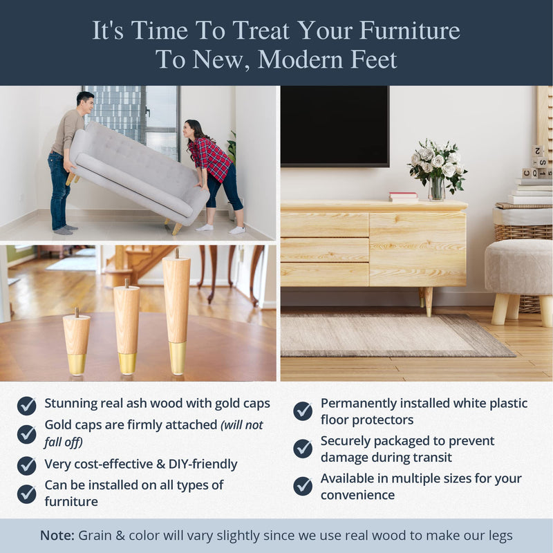 Ash Wood Furniture Legs With Gold Caps - Mid Century Legs For Sofa, Chair, Table, Dresser, Bed, Cabinet, Ottoman - Wooden Legs Are Easy To Install & Include Installation Hardware - Set of 4, 6 Inches Ash / Gold