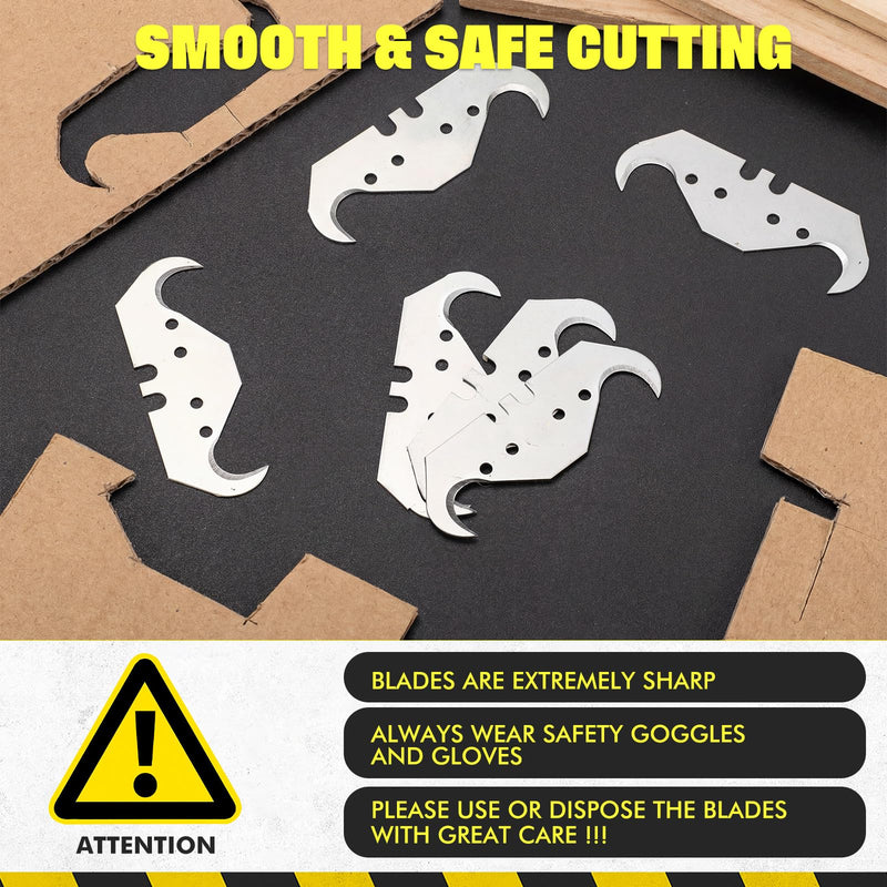 200 Pcs Utility Hook Blades SK5 Carbon Steel Hook Razor Knife Blades with 2 Notches 4 Holes for Roofing and Carpet