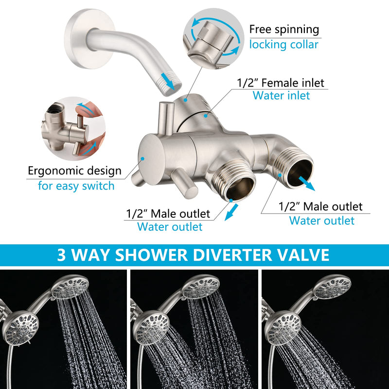 PDPBath Brass 3 Way Shower Arm Diverter Valve for Handheld Shower Head and Fixed Shower Head, G1/2 Universal Connection - Brushed Nickle Brushed Nickel