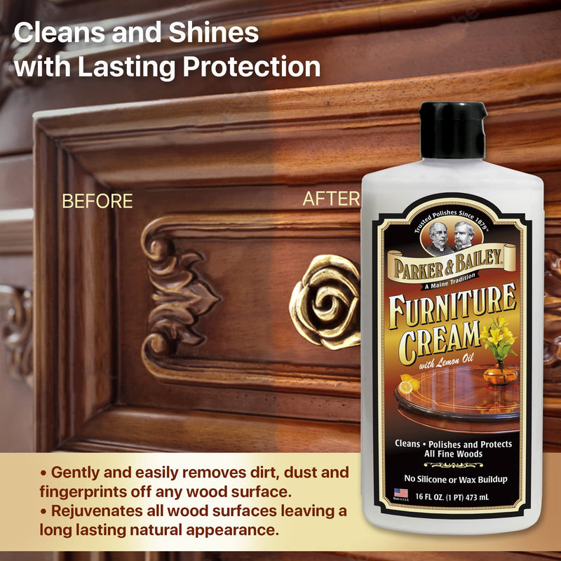 PARKER & BAILEY FURNITURE CREAM - Multisurface Wood Cleaner And Polish Furniture Quick Shine Restorer Protector Kitchen Cabinets Surface Cleaner House Cleaning Supplies Home Improvement, 16oz 16 Fl Oz (Pack of 1)