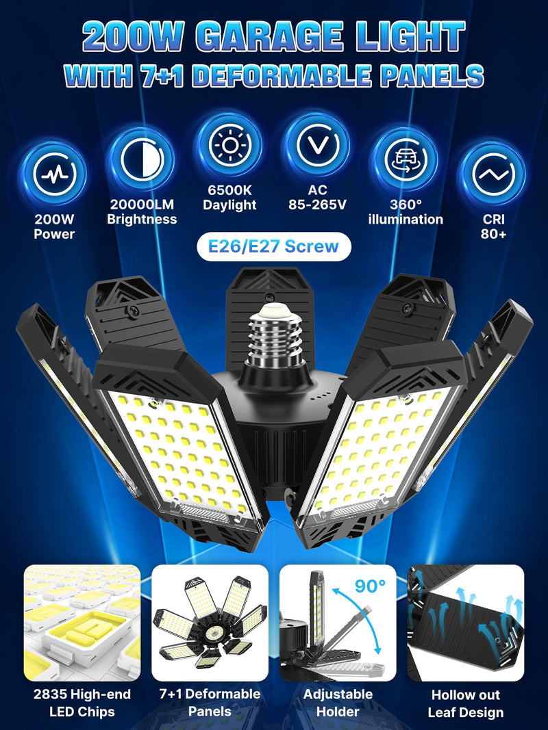 LED Garage Light 200W, Super Bright Garage Lights 20000LM Garage Lights Ceiling Led with 7 Adjustable Panels 6500K Led Shop Lights Screw in E26/E27 Bulb Socket for Garage Basement Lighting 1PC-200W