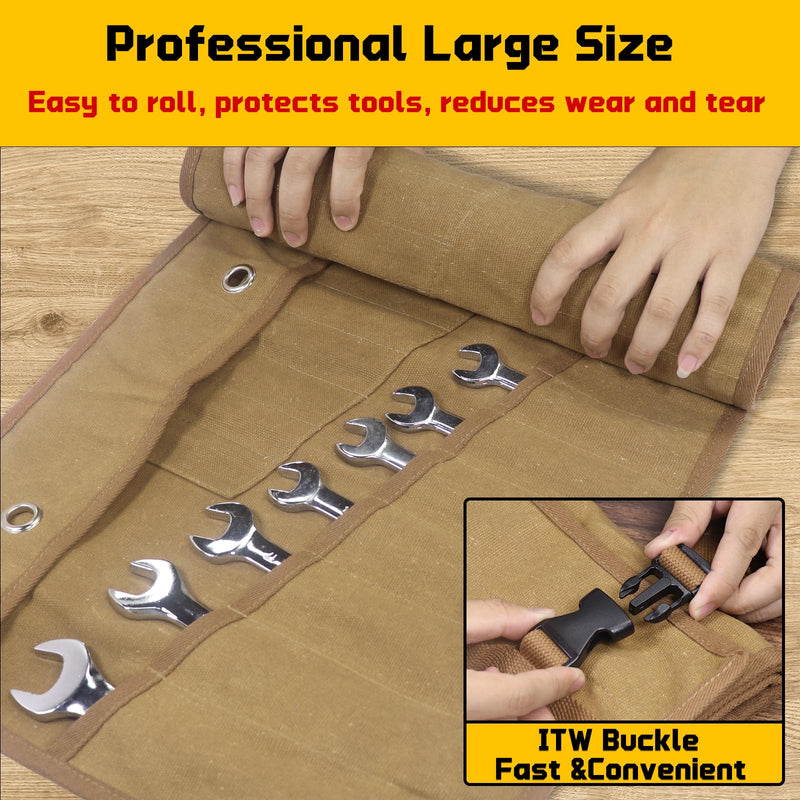 Wrench Roll 32 Pockets, Heavy-Duty 16 oz. Waxed Canvas Wrench Roll Up Bag Holds Wrench Wrap for Metric and SAE Wrenches, Wrench Pouch with Buckles and Handle, Sturdy Wrench Tool roll (Khaki) Khaki
