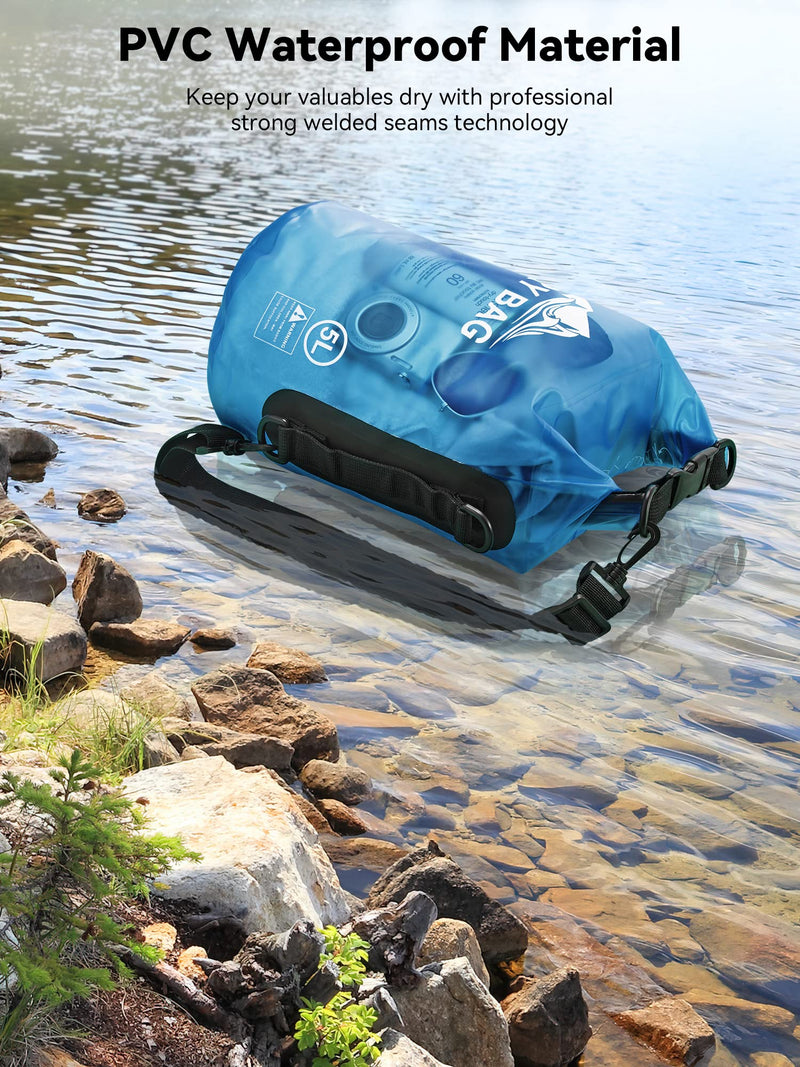 HEETA Waterproof Dry Bag for Women Men (Transparent Blue 5L) Bundled with 2-Pack Waterproof Pouch with Adjustable Waist Strap (Black & Pink)