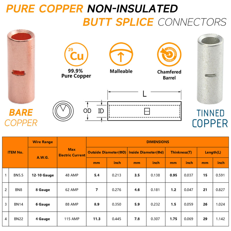 12 to 4 AWG Non-Insulated Butt Connectors 132 PCS Butt Splice Connectors Kit, 4/6/8/12-10 Gauge Bare Pure Copper Butt Splice Wire Connectors,66 PCS Uninsulated Butt Terminals & 66 PCS 3:1 Heat Shrink 4-12 AWG Assortment Kit-132pcs