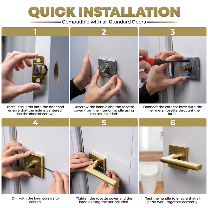 Mega Handles Prime Privacy Lever Door Handle for Hallway, Closet and Bathroom, Keyless Design Door Levers, Fits All Standard Door Sizes, Covered Screws Included - Satin Brass (1 Pack), 5'' 1 Pack