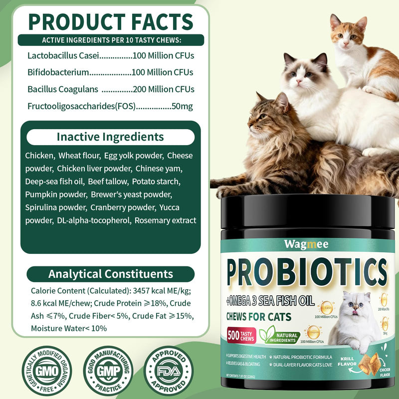 Cat Probiotics Tasty Chews –500 Chews Crunchy & Creamy Texture, Fish Oil Omega-3 Skin & Coat Health Digestive & Gut Support, Constipation Relief, Healthy Stool, Chicken Krill Flavor