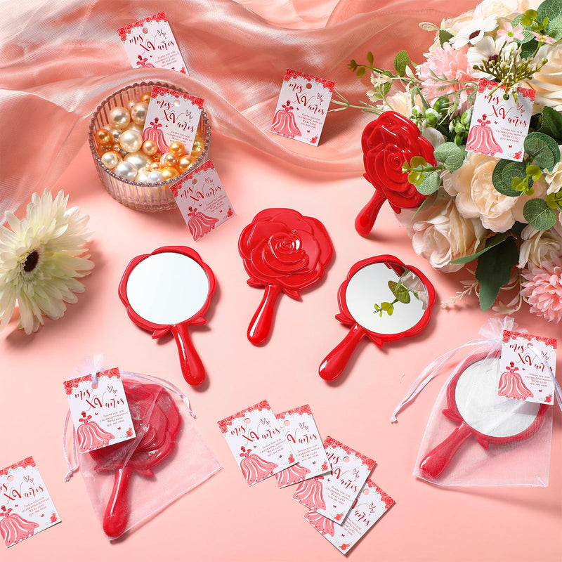 Sintuff 24 Set Rose Compact Mirrors Bulk Quinceanera Wedding Party Favors for Guests Rose Design Compact Mirrors Thank You Cards with White Organza Bags for 15 Birthday Wedding Party Favors(Red) Red