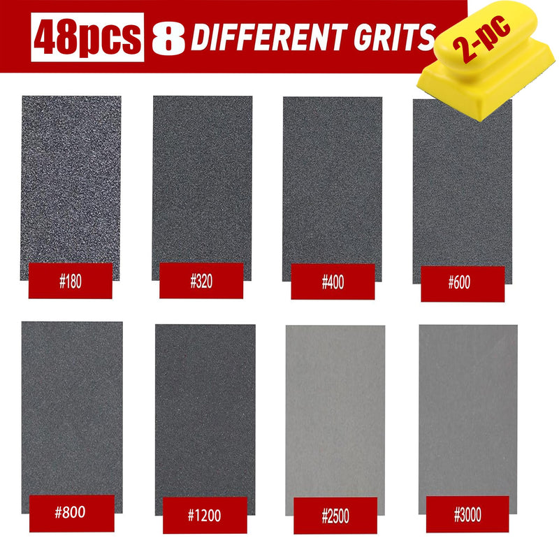 48Pcs Sanding Sponge Kit with Handle,Wet Dry 180-3000 Grit Wood Auto 48