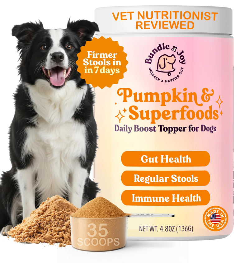 Bundle x Joy Superfoods with Pumpkin for Dogs Daily Boost, Vegan Digestive Support, Gut Health for Dogs, Supports Stomach Upset & Loose Stools, Dog Supplements Made in USA - 35 Scoops
