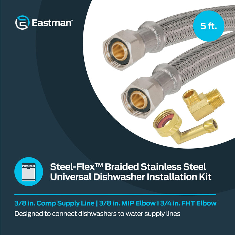Eastman Dishwasher Installation Kit, 5 Foot Supply Line with 3/8 Inch Compression Ends, 3/8 Inch MIP Elbow and 3/4 Inch FHT Elbow, Braided Stainless Steel Dishwasher Connectors, 41041 5 Ft.