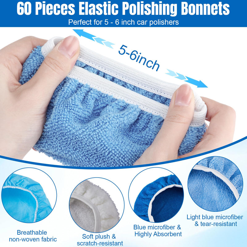 Tallew 60 Pieces Car Buffing Pads Microfiber Car Orbital Buffer Polish Pads 5 to 6 Inches Wax Bonnet Cover Including 30 Microfiber 15 Plush 15 Non Woven for Vehicle Waxing and Cleaning