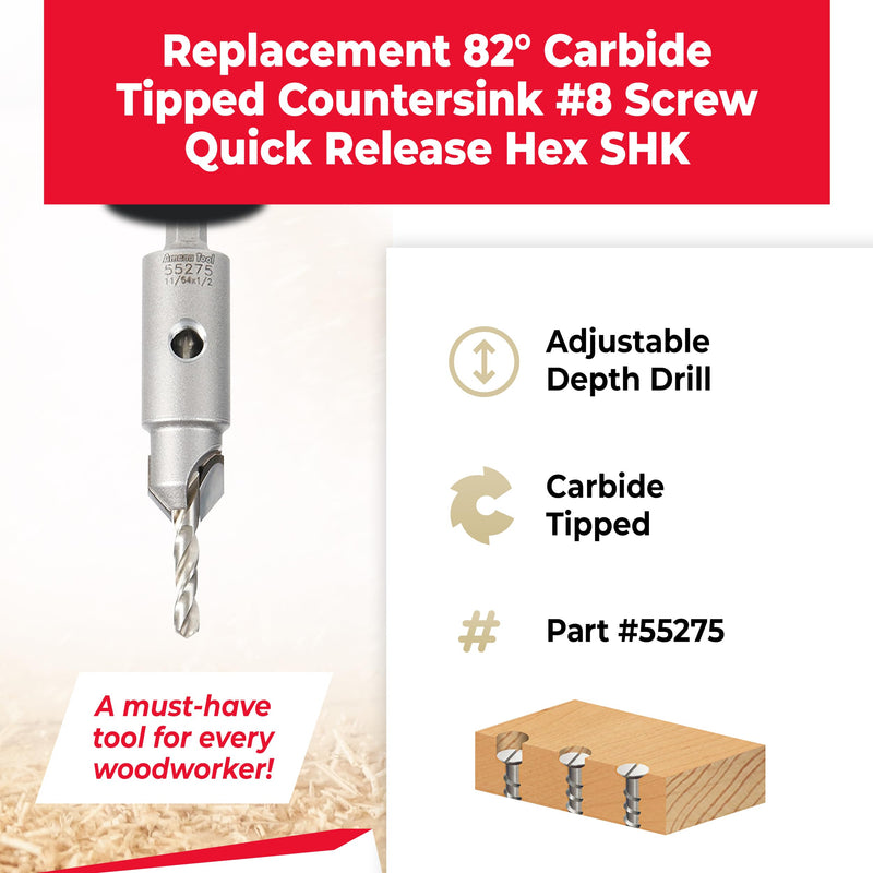 Amana Tool Carbide Tipped 82 Degree Countersink Drill Bit, 55275, 1/2 Dia x 11/64 Drill D x 1/4 Inch Quick Release Hex Shank for Tool 55240