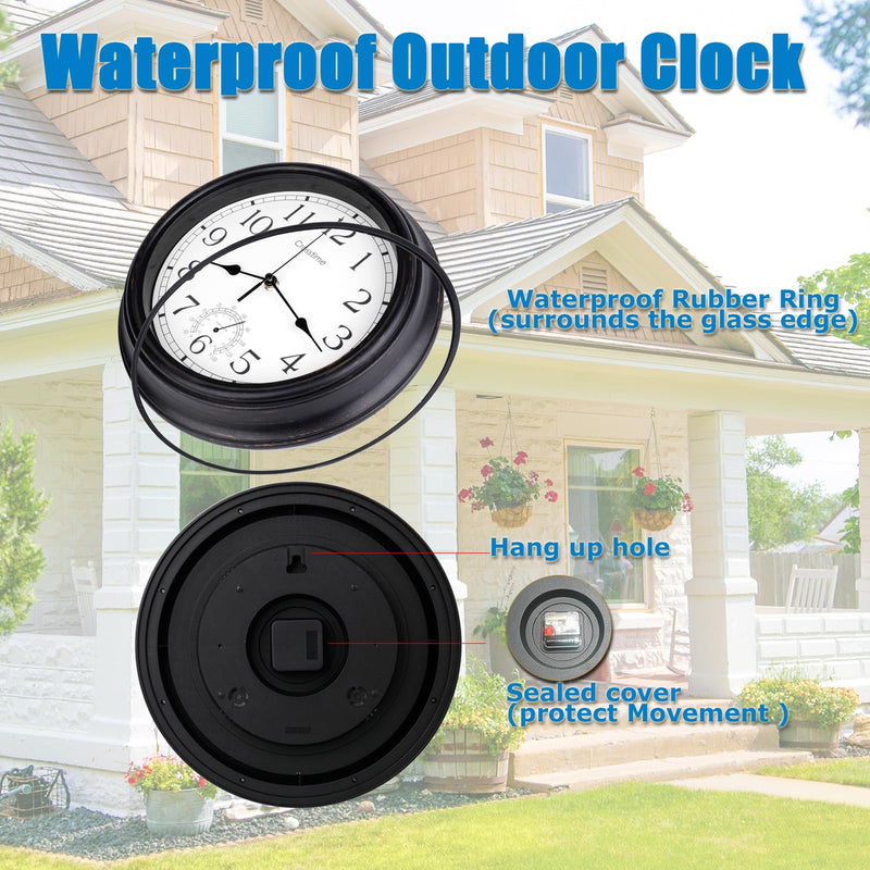 16 Inch Large Outdoor Clock Waterproof with Thermometer Retro Wall Clocks for Patio Pool Garden Home,Bronze 16" Bronze