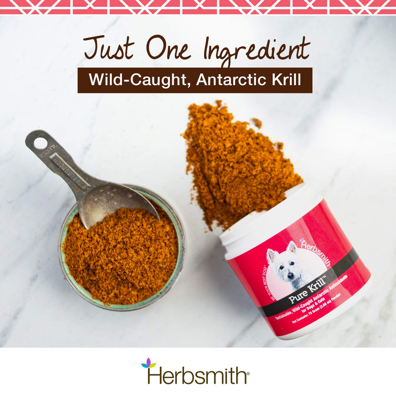 Herbsmith Pure Krill - Wild-Caught Antarctic Krill - Just 1 Ingredient - Astaxanthin for Dogs - Ready-to-Use Omega 3s – Alternative to Krill Oil for Dogs - 75g - PawsPlanet Australia