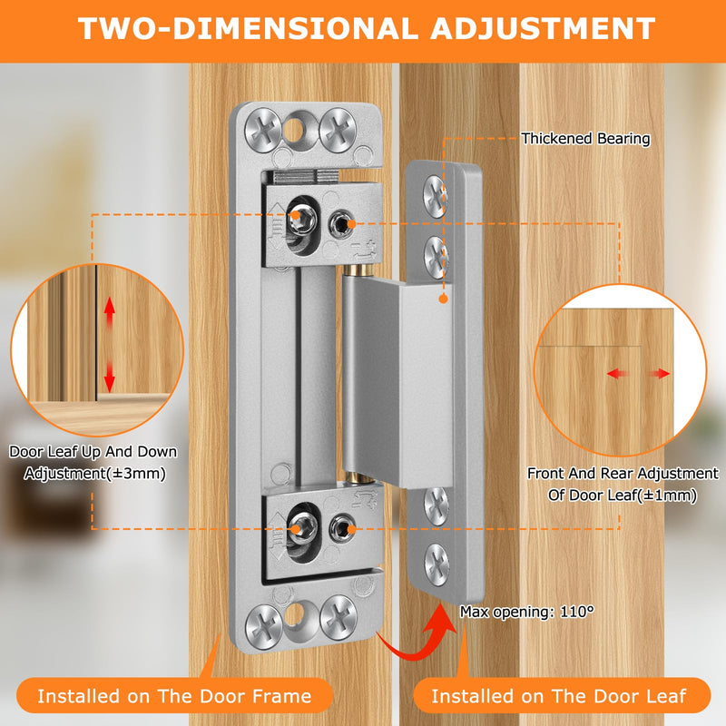 Hidden Door Hinges, 2Pack Adjustable Concealed Hinges 110Lbs Load-Bearing Heavy Duty Pivot Hinge 110° Swinging Invisible Hinges for Secret Doors, Bookcase, Shelf & Murphy Door Silver