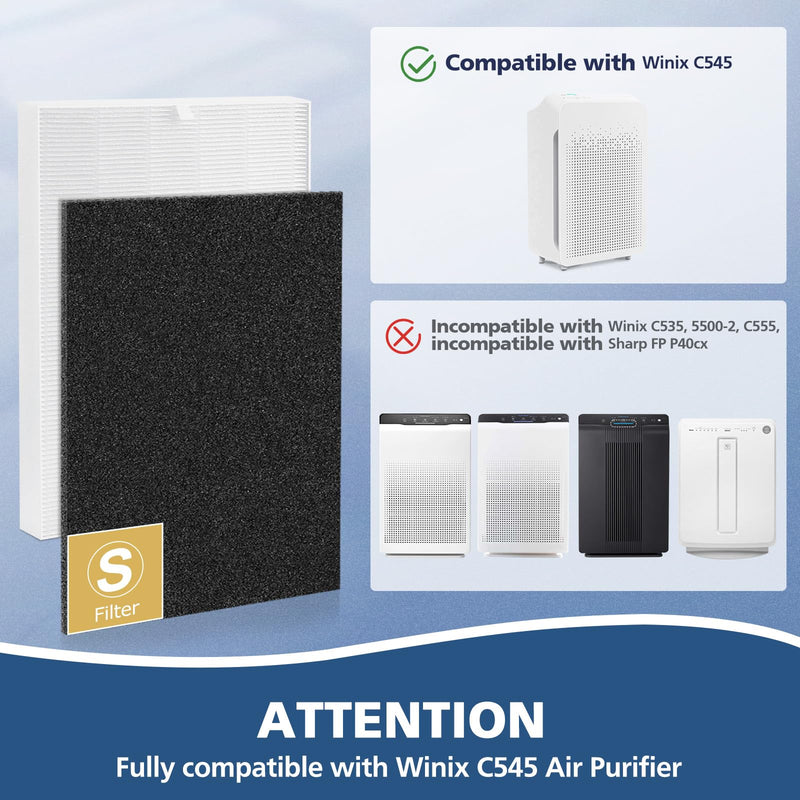 C545 H13 True HEPA Replacement Filter S Compatible with Winix C545 Air Purifier, Replaces Part 1712-0096-00 and 2522-0058-00, 1 True HEPA Filter + 4 Activated Carbon Filters, 1 Pack 1 Hepa + 4 Carbon Filters