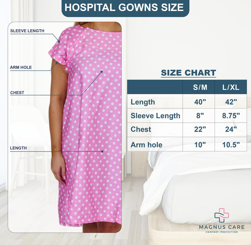 Hospital Gown for Women Labor & Delivery, 100% Cotton Easy Snap Back Closure, Shoulder Snap Polkadot Patient Gown Small-Medium Pink