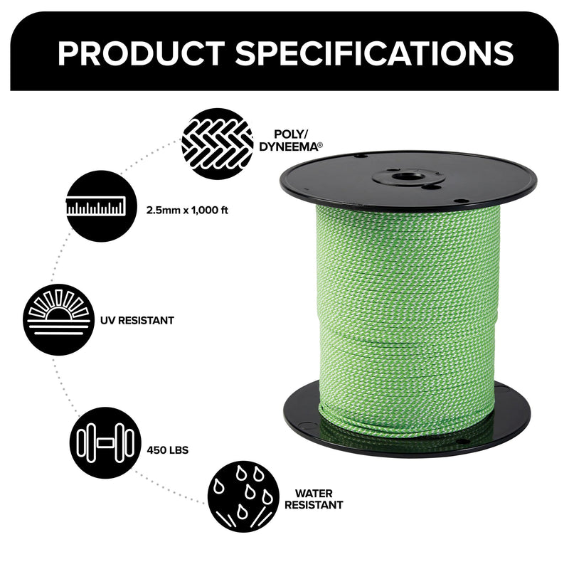 Jameson Poly/Dyneema® Throw Line, 2.5mm x 180 ft, High Strength 450 lbs, Neon Green & White, Compatible with Tru Shot Launcher – Ideal for Arborist & Tree Care