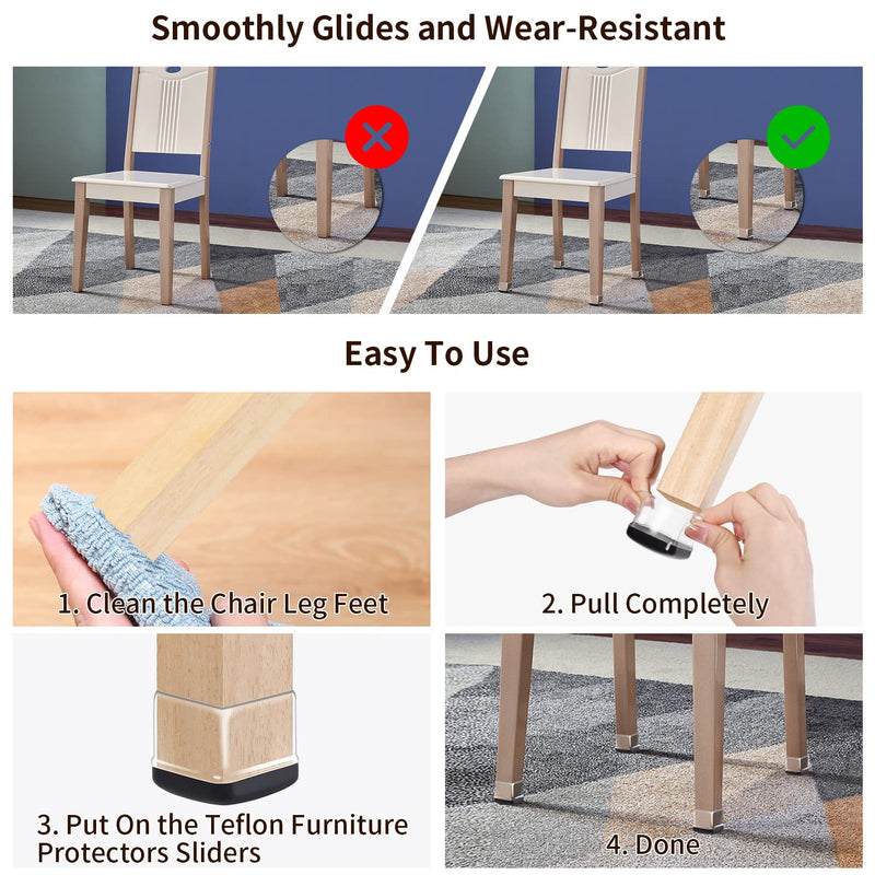 24 PCS Chair Leg Sliders for Carpet, Square Chair Glides, Furniture Leg Protectors Caps, Carpet Protectors Table Feet Covers Cups, Teflon Furniture Pads Sliders No Scratches (Fit 1.1" - 1.45", Clear) L - Clear