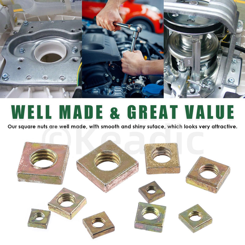Keadic 90Pcs Yellow Zinc-Plated Square Nuts Assortment Kit, M3x5.5mmx2mm, M4x7mmx2mm, M5x8mmx3mm, M6x10mmx3mm, M8x13mmx4mm Coarse Thread Nut for Furniture, Electrical Appliances Zinc-Plated (Yellow)