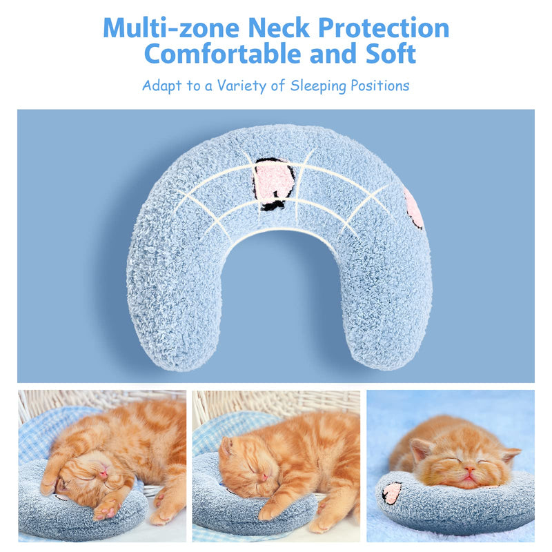 ucho Pillow for Cats, Soft Fluffy Cat Neck Pillow for Cat Bed, U-Shaped Pillow for Pet, Pet Calming Toy Half Donut Cuddler for Joint Relief Sleeping Improve Machine Washable- Blue