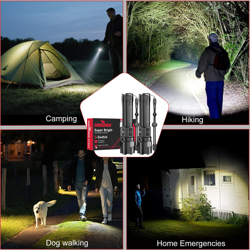 Flashlight 20000 High Lumens Rechargeable - 2 Pack 30W Super Bright LED Flash Light | 24H Long Lasting & 5000ft Beam USB C High Powered Handheld Police Flashlight for Home/Camping/Hiking/Emergency Black