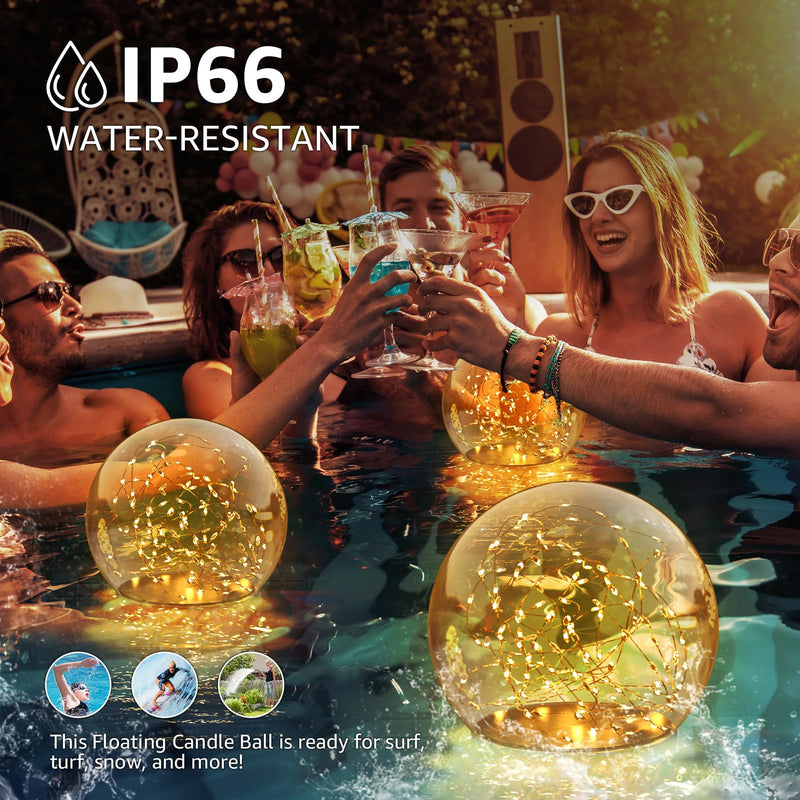 2-Pack 7.4x7.3 Solar Floating Pool Lights Ball Outdoor Water-Resistant IP66 Solar-Powered That Float Candles Flickering Lights for Swimming Pool Decor Pond Garden Party 2Pcs B