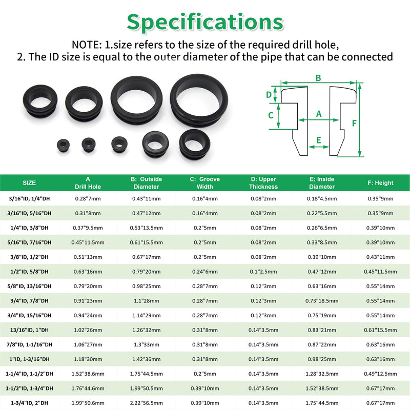 3/8" Drill Hole, 1/4" ID Silicone Rubber Top Hat Grommets for Wiring, 3/16" Groove Width, Automotive Firewall Wire Cable Protector Gasket Ring for Tubing in Hydroponic, Irrigation Systems, 35 pcs 1/4"ID, 3/8"DH