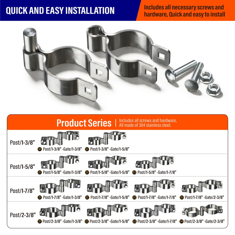 1 7/8" x 1 7/8" Stainless Steel Chain Link Fence Gate Hinge with Bolts and Nuts 2Pack 1 7/8''x1 7/8''-2Pack
