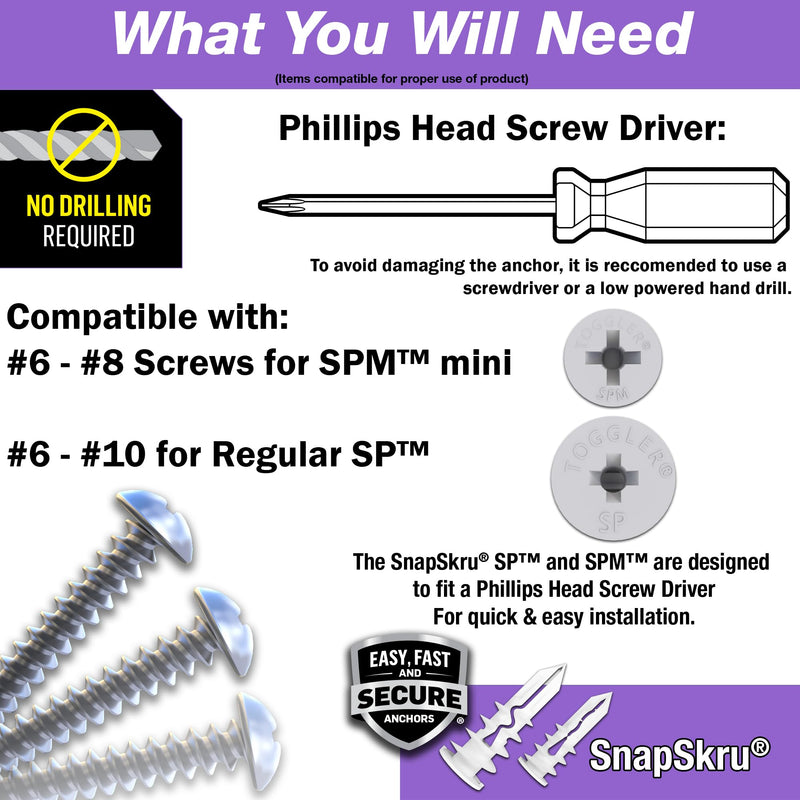 TOGGLER SnapSkru SP Self-Drilling Drywall Anchor for Hollow Wall Application, Glass-Filled Nylon, Made in US, for #6 to #10 Fastener Sizes 100 Pack w/ Screws